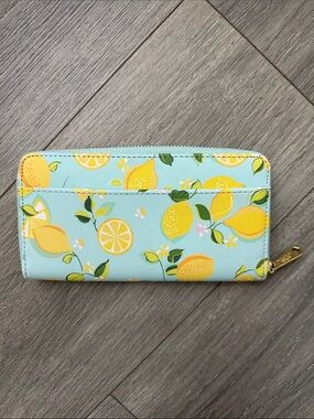 Trina Turk Lemon Print Zip Wallet in Light Blue and Yellow